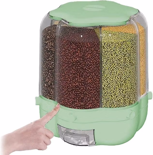 SPETLEK 6-in-1 Dry Food Grain Container and Cereal Dispenser with Compartments, Green and Transparent – 1
