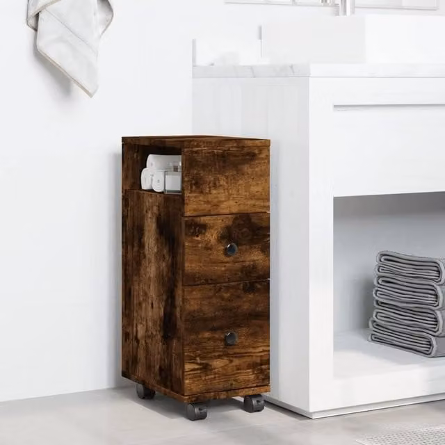 Berkfield Home Narrow Bathroom Cabinet with Wheels in Smoked Oak Brown, W/D/H: 23.0 x 33.0 x 65.0 cm – 1