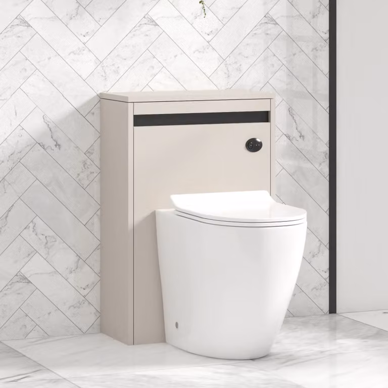 Royal Bathrooms Orion 540mm Warm Taupe Wall Mounted WC Unit with Elva Rimless Short Projection Ceramic Toilet Pan, Slim Soft Close Seat and Cistern with Black Accent Trim