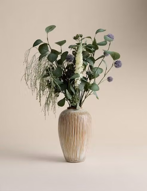 M&S Artificial Mixed Flower Arrangement with Striped Ceramic Tabletop Vase in Multicolour