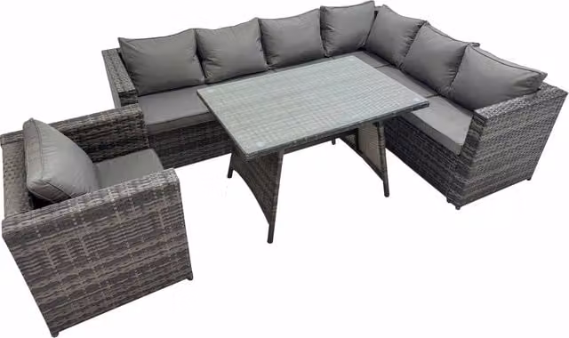 Fimous Modern Garden Patio Furniture Set with Dining Table and Chairs in Dark Grey Rattan and Glass