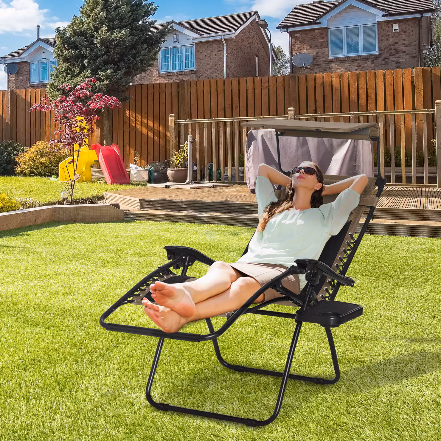 Outsunny Zero Gravity Recliner Chair in Brown with Sunshade, Cup Holders and Weatherproof Cushion – 2