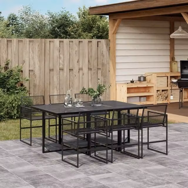 Berkfield Home 7 Piece Modern Black Poly Rattan Garden Dining Set with Glass Top – 1