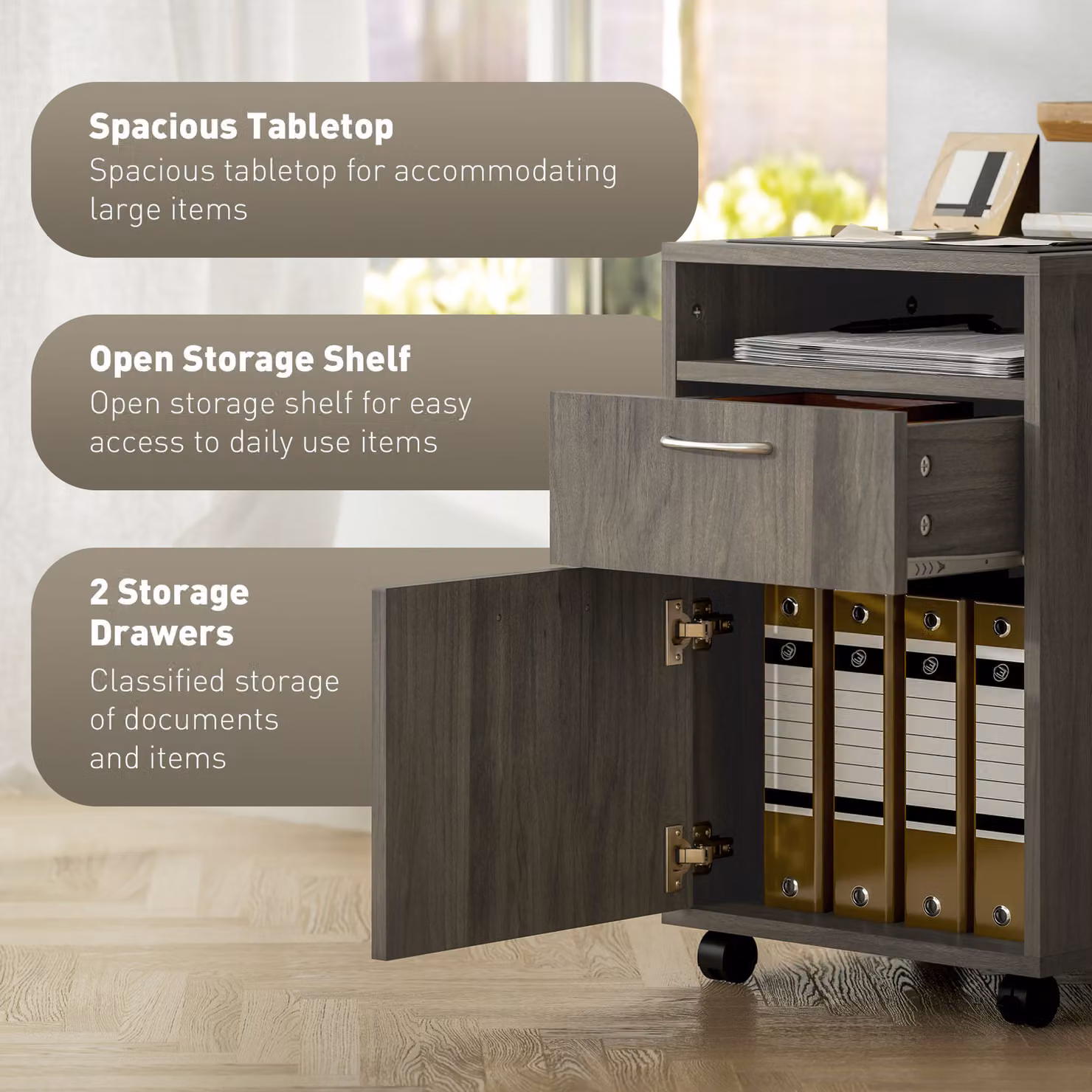 HOMCOM Grey Mobile Filing Cabinet and Office Organiser with Drawer, Open Shelf and 4 Wheels – 4