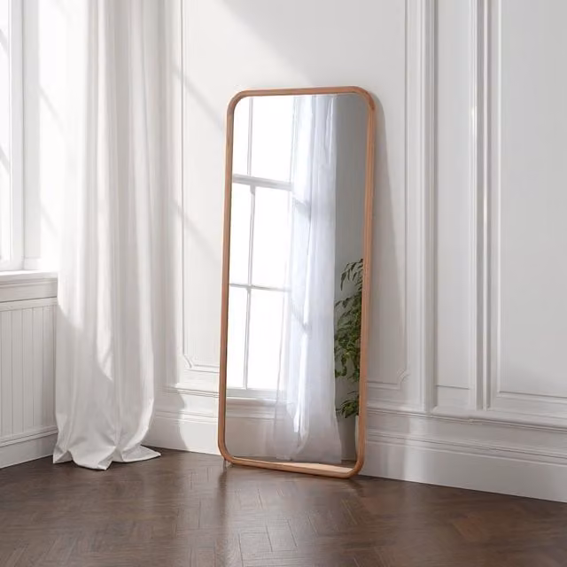 Yearn Minimalist Rectangular Solid Wood Wall Mirror in Brown