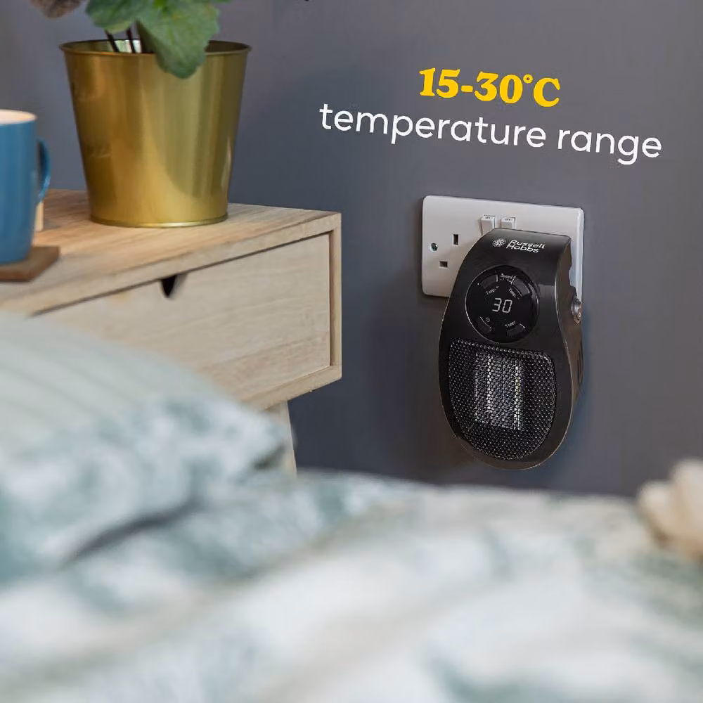 Russell Hobbs RHPH2001 Black Ceramic Fan Heater, 500W Wall Mounted with Timer and Light – 7