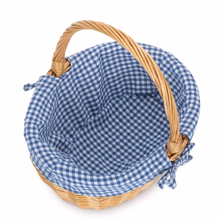 Red Hamper Wicker Shopping Basket with Blue Cotton Lining and Handles
