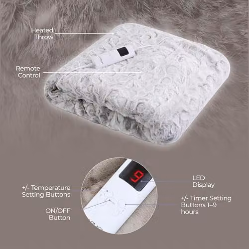 Carmen Comfort Luxury Electric Heated Throw and Over Blanket in Grey with 9 Heat Settings, Adjustable Timer and Faux Rabbit Fur – 3