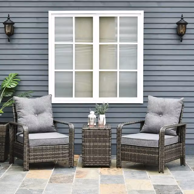 Outsunny 3 Piece Modern PE Rattan Wicker Garden Furniture Set in Mixed Grey and Brown