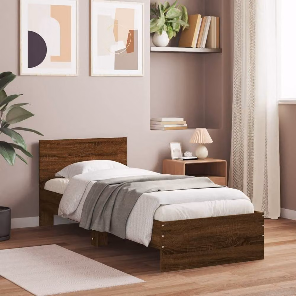 Berkfield Home Modern Durable Bed Frame with Headboard in Brown Oak, W/D/H: 90 x 200 x 70 cm – 2