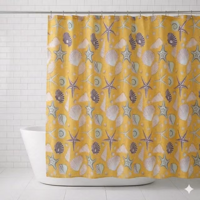 NESTLUNE Modern Nautical Graphic Shower Curtain, Waterproof and Mould Resistant, Multicolour Yellow Polyester