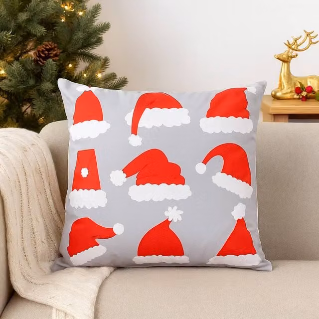 Voltico Festive Christmas Cushion with Snowflake and Santa Hat Design in Red, Grey and Multicolour, W/D/H: 35 x 35 x 1 cm