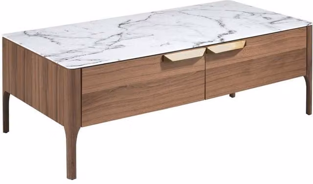 Angel Cerda Rectangular Coffee Table with Marble-Effect Glass Top in Brown and Walnut