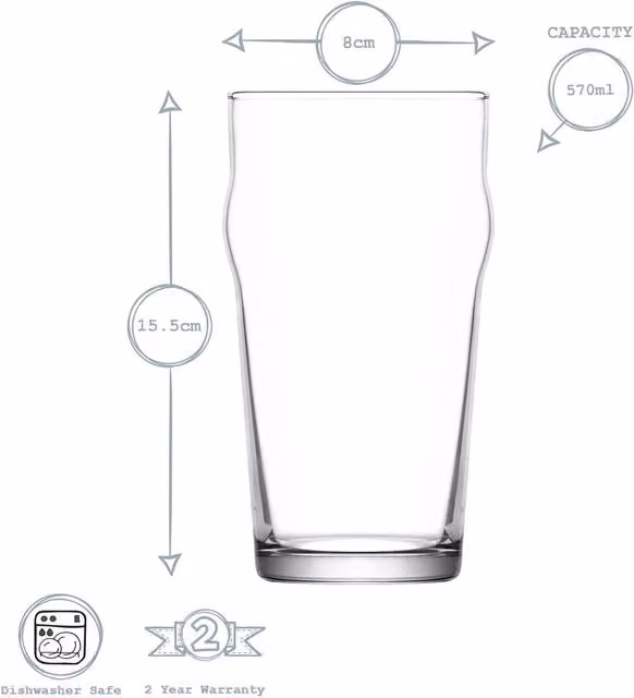 LAV Noniq Transparent Pint Beer Glasses, 570ml, Pack of 12 – 1