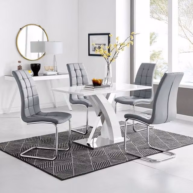 FurnitureboxUK Atlanta White Gloss and Chrome Rectangle Dining Table and 4 Murano Grey Dining Chairs