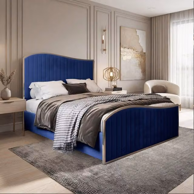 Casani Fulbeck Upholstered Velvet Blue Metal Designer Bed Frame, W/D/H: 137 x 120 x 200 cm – 1
