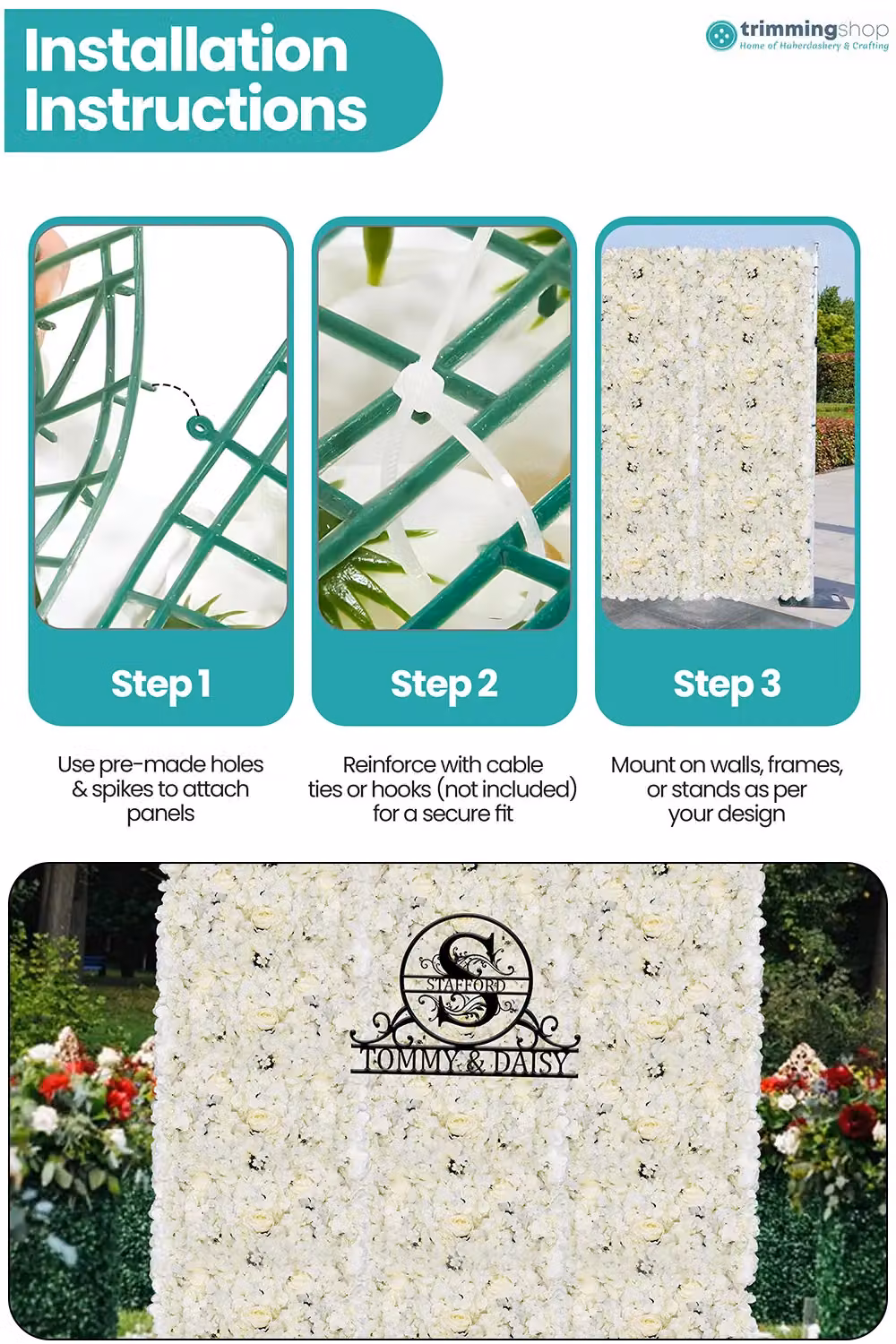 Neel Blue Artificial Floral Wall Panel in Blue and Off-White for Wedding Photography Backdrops – 3