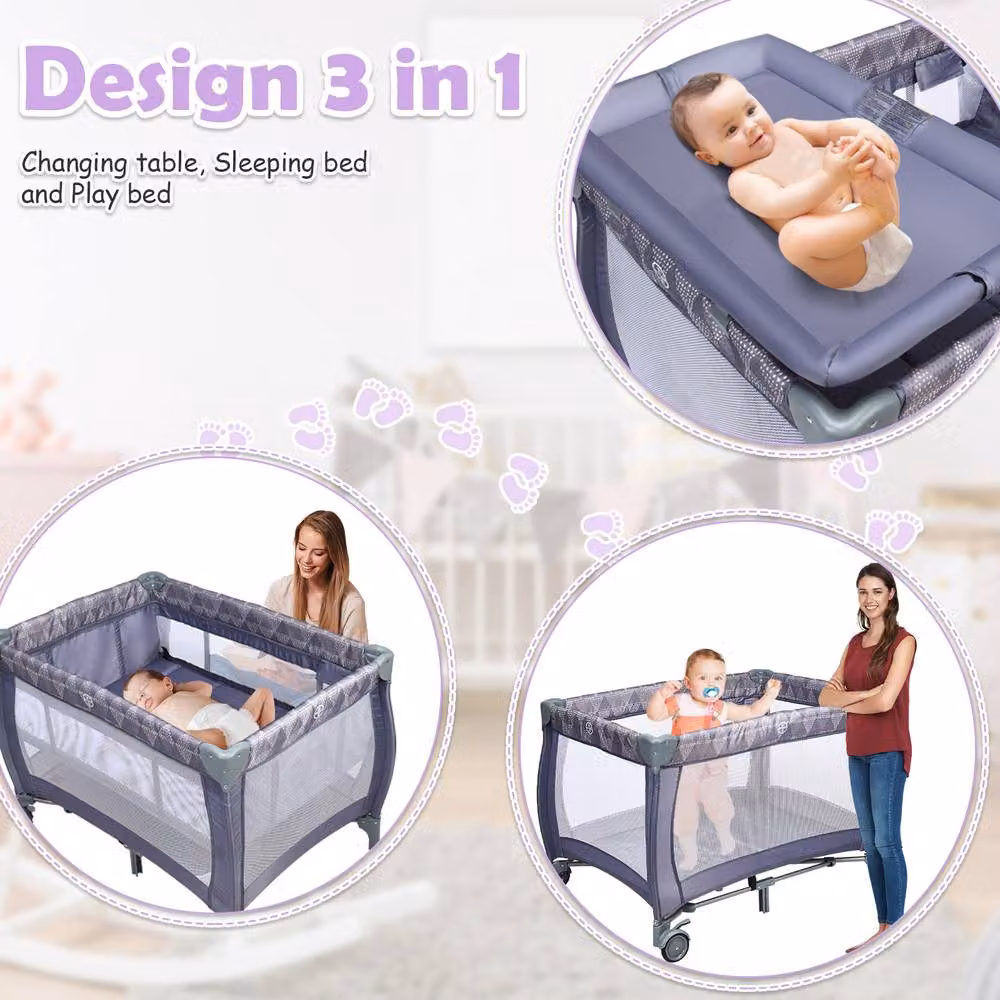 Costway Portable Baby Cot Bed with Changing Table, Playpen and Storage Shelves in Grey – 6