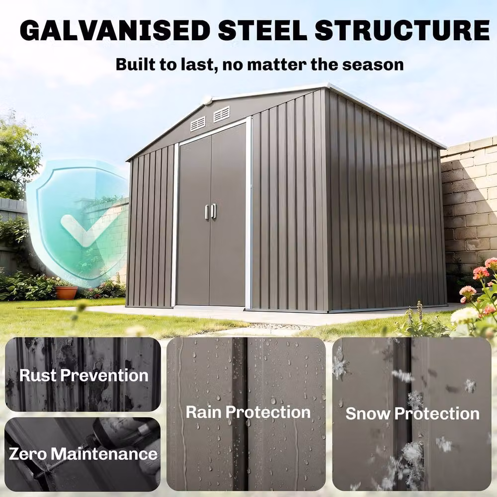 Rolipo Metal Garden Shed with Sliding Doors and Side Ventilation, Light Grey, W: 274.32 cm, D: 182.88 cm, H: 274.32 cm – 4