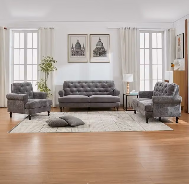 Furniture One Mid Century Modern Button Tufted Upholstered Couch Set in Grey