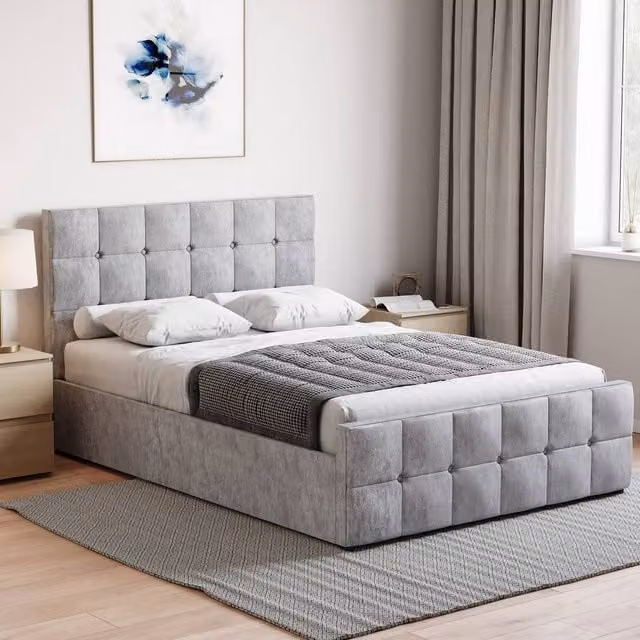 HD Designs Valentina Double Ottoman Bed Frame in Silver Velvet Fabric – 1
