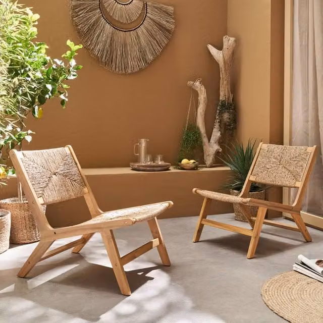 sweeek Pair of Rustic Acacia Wood Garden Chairs with Beige Resin Straw-like Seats – 1