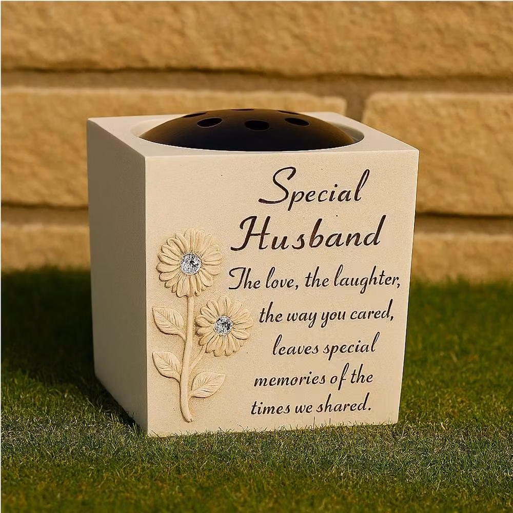 David Fischhoff Special Husband Memorial Grave Flower Pot in Cream with Diamante Floral Design, W/D/H: 14.0 x 13.5 x 13.5 cm – 2