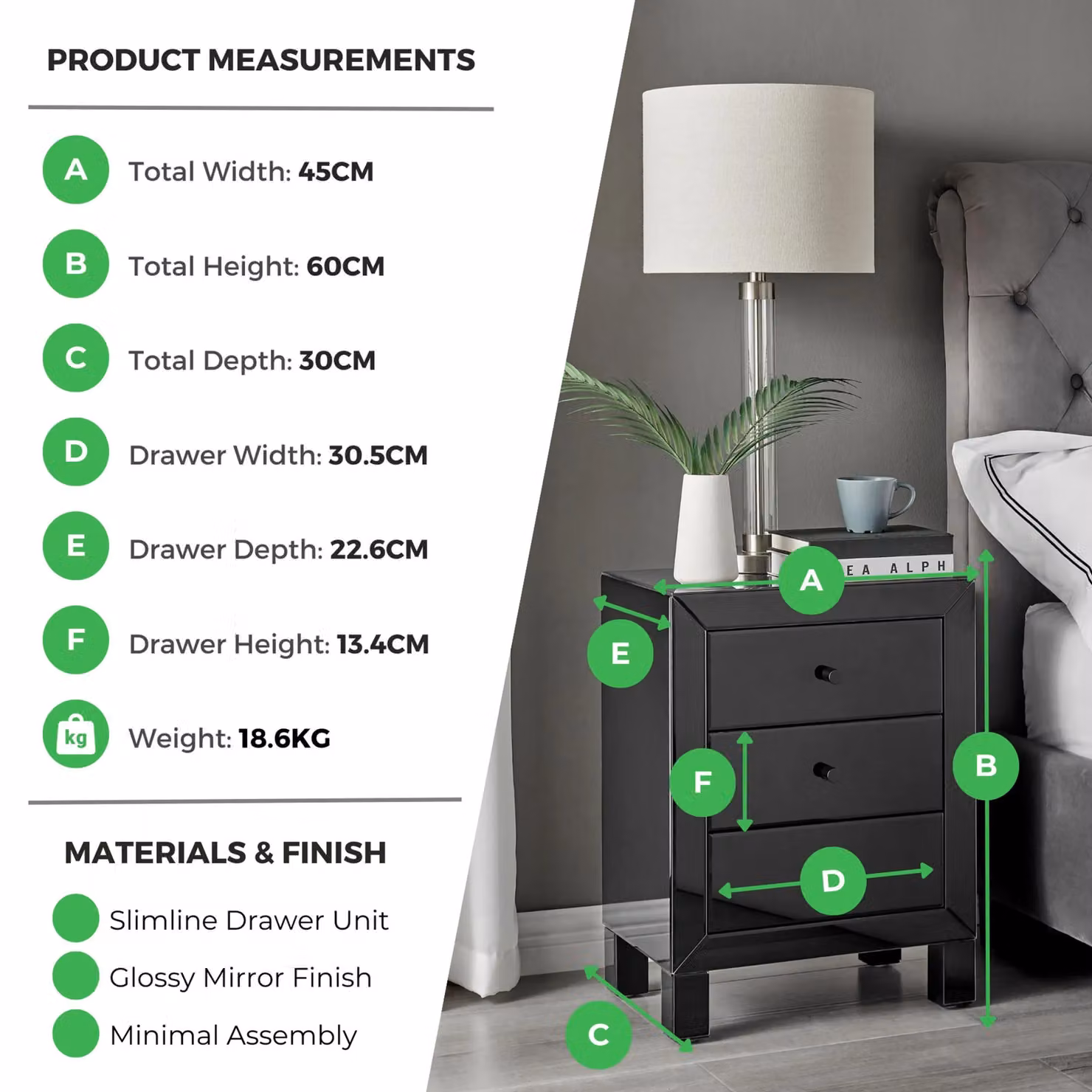 FurnitureboxUK Lexi Large Wooden Bedside Table with 3 Drawers and Modern Black Mirrored Finish – 6
