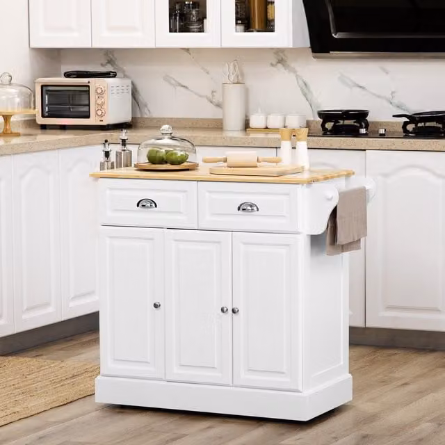 HOMCOM White Wood Kitchen Storage Trolley Rolling Kitchen Island with Shelf