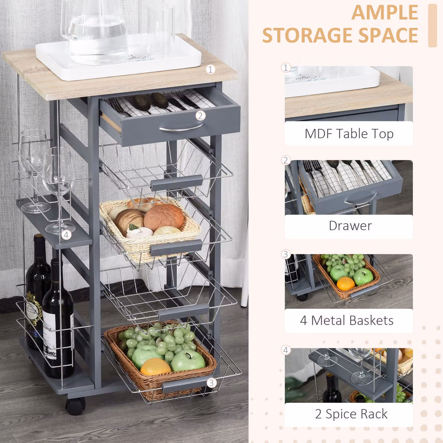 HOMCOM Multi-Use Kitchen Trolley and Island with 4 Baskets, 2 Side Racks and Wheels in Dark Grey – 4