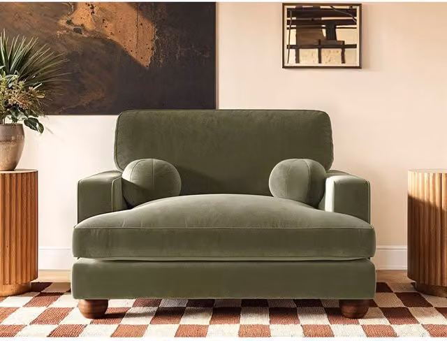 SolaceCo Addison Loveseat in Khaki Green Velvet with Scatter Cushions