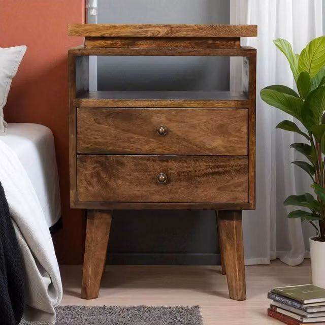 Artisan Furniture Scandinavian Solid Wood Platform Bedside Table in Brown