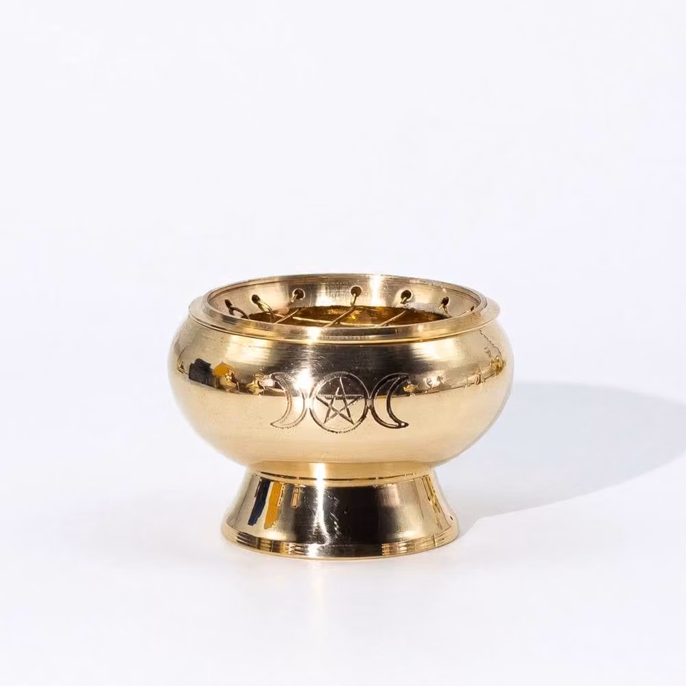 KDMD Gold Brass Charcoal Incense Jar with Triple Moon Pentagram, Diameter: 7 cm – 2
