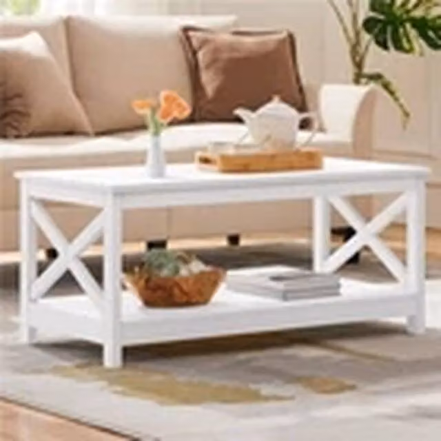 EONLION Modern 2-Tier Rectangular Coffee Table with Storage Shelf in White – 1