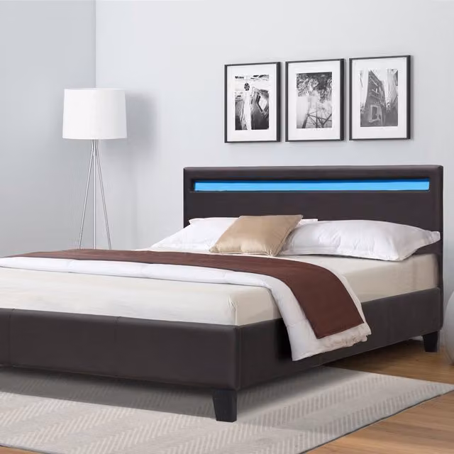 Comfy Living Prado Modern Upholstered Faux Leather LED Bedframe with Under-bed Lighting, Brown, W/D/H: 140 x 200 cm
