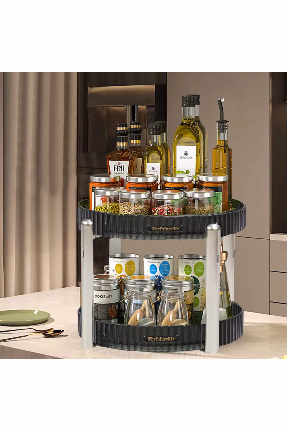 Living and Home Round Rotating Plastic Storage Organiser for Spices and Makeup in Green and Silver – 2