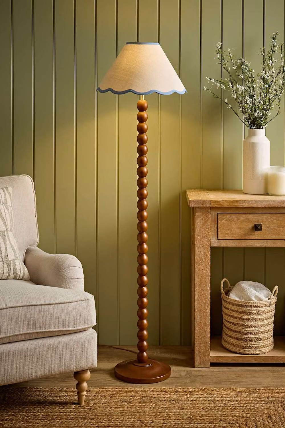 ValueLights Bobbin Walnut Bobble Floor Lamp with Baby Blue Linen Shade and Bulb – 2
