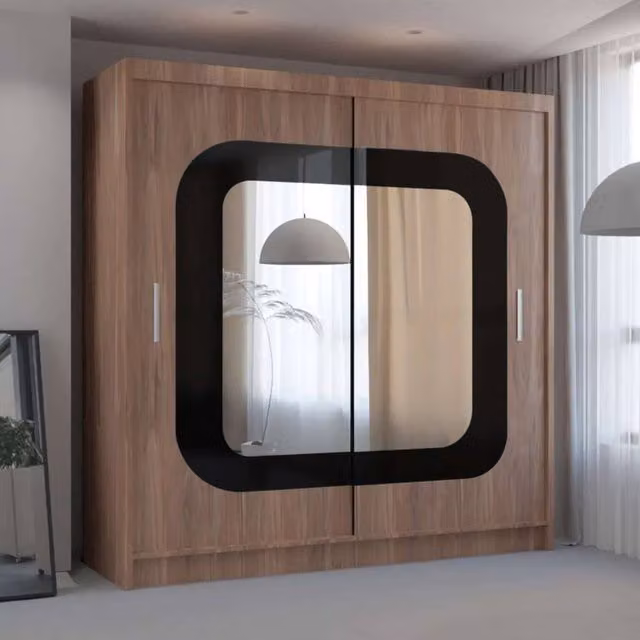 MN Furniture Modern Sliding Door Wardrobe with Mirror and LED Lighting in Brown, W: 150 cm, H: 217 cm