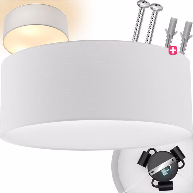 tectake Circum Round Ceiling Light with White Linen Look Fabric Lampshade and Metal Frame