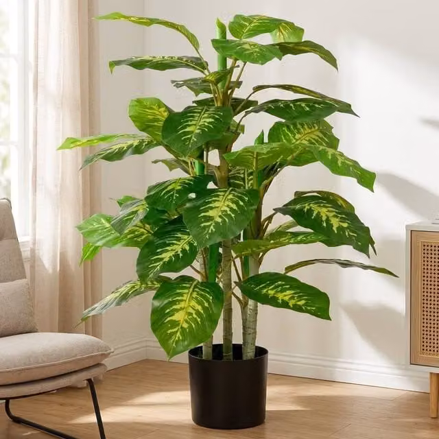 STILVORA Set of 2 Green Artificial Tropical Potted Plants in Black Concrete Pots – 1