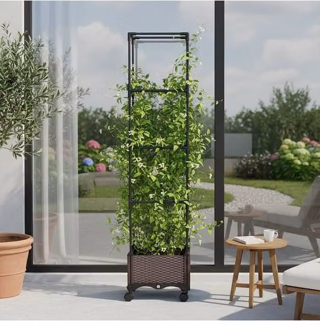 Living and Home Rolling Planter Box with Trellis in Brown, W/D/H: 129.0 x 30.5 x 30.5 cm