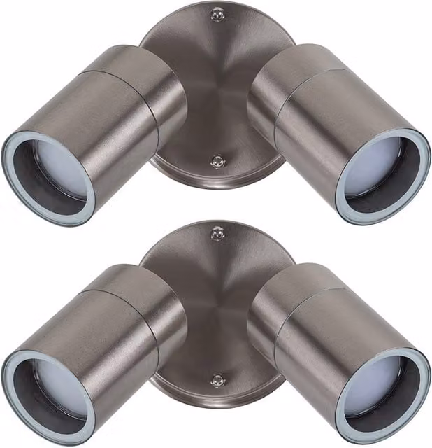 ValueLights Pair of Modern IP44 Rated Stainless Steel Outdoor Garden Twin Wall Up and Down Spotlights in Silver