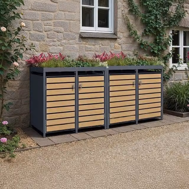 The Garden Furniture Centre Quad Wood Effect Galvanised Steel Wheelie Bin Storage with Planter Tops in Anthracite Grey