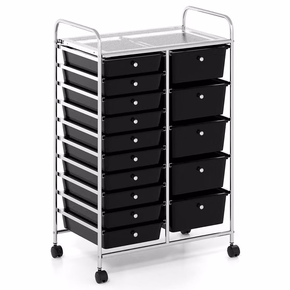 Gymax Art Craft Organizer Rolling Utility Cart with 15 Drawers in Black – 9