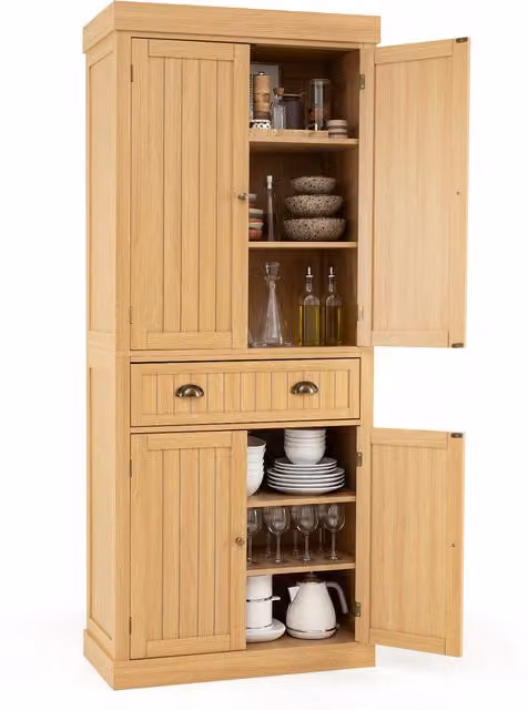 Costway Freestanding Tall Kitchen Pantry Cabinet with Hinged Doors and Shelves in Beige and Brown