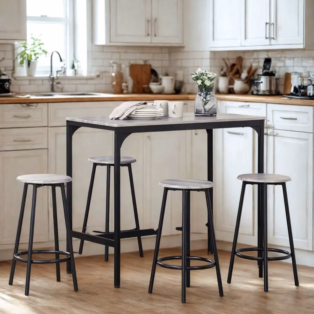 Pirlo Plush 5-Piece Industrial Dining Set with Rectangular Table and Stools in Grey and Black – 3