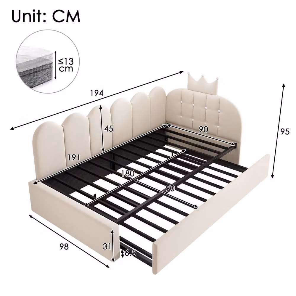 Merax Crown Upholstered Single Daybed with Pull Out Trundle Bed in Beige – 2