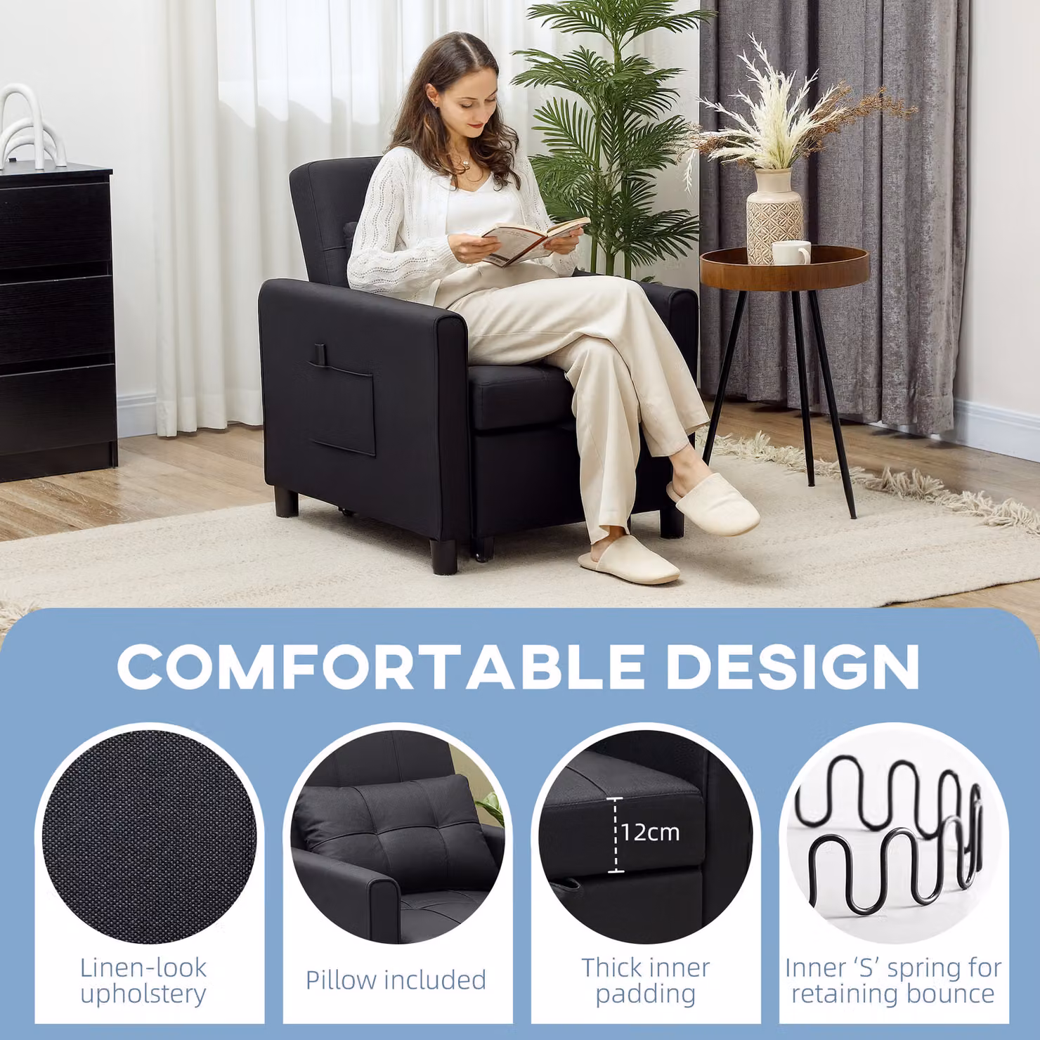 HOMCOM 3-in-1 Black Linen-Look Single Chair Bed with 11cm Thick Adjustable Back and Eucalyptus Wood Frame – 4