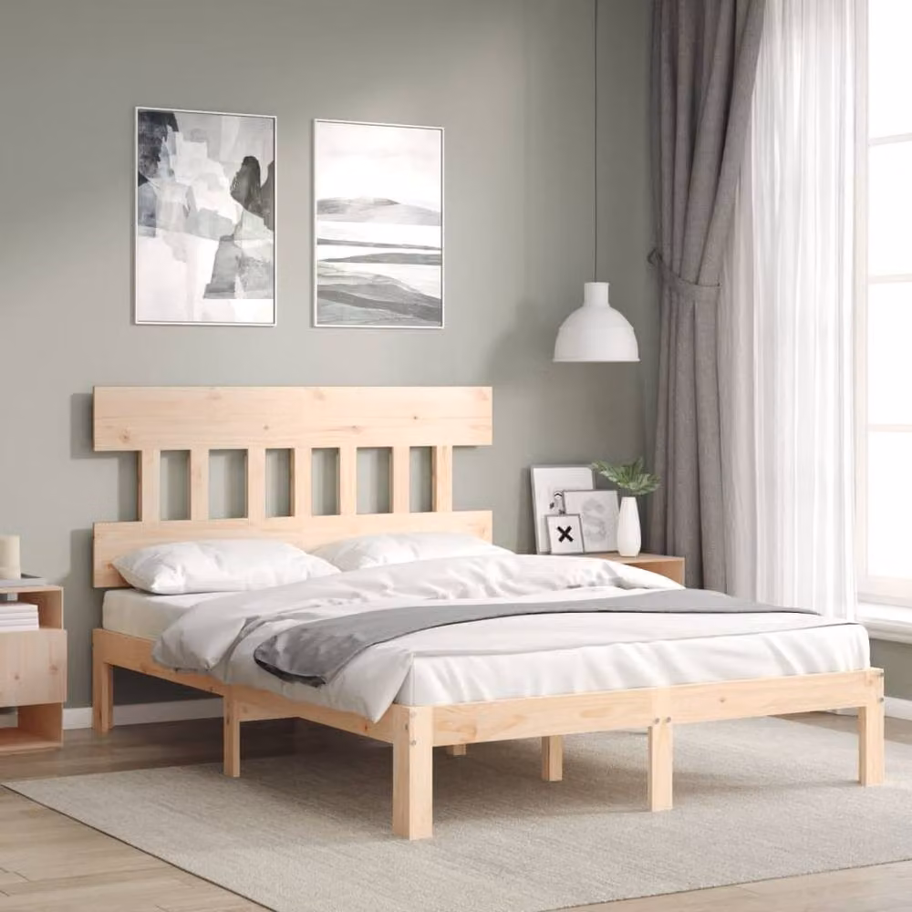 Berkfield Home Solid Pine Wood Bed Frame with Headboard in Natural, W/D/H: 140 x 190 cm – 2