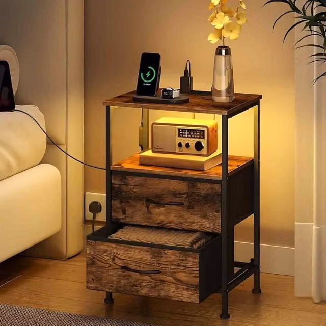 The Bazaarist Set of 2 Modern Brown Wood Bedside Tables with Integrated LED Lighting and Charging Station – 1
